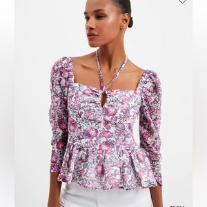 -NWT French connection Fontini Recycled Hallie Halter Peplum Top in summer white